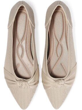 Women's Beige Knit Pointed Toe Flats Twist Knot Bow Breathable Comfort Loafers
